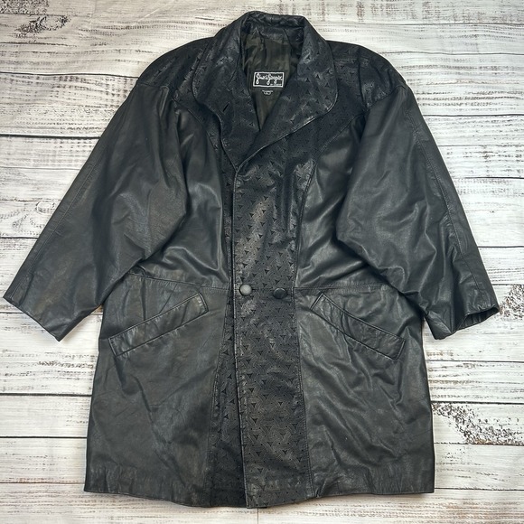 VTG Black Patterned Long Leather Jacket Sz L Gino di Giorgio Comint 90s Coat - Picture 1 of 12